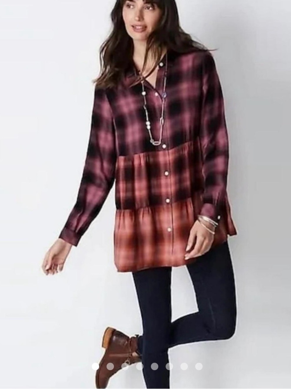 J. Jill Button-Front Tiered Tunic Purple Ombre Plaid Pattern Size XS